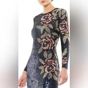 Macduggal 93624 Sequined Asymmetrical Floral Long Sleeve Midi Dress Midnight